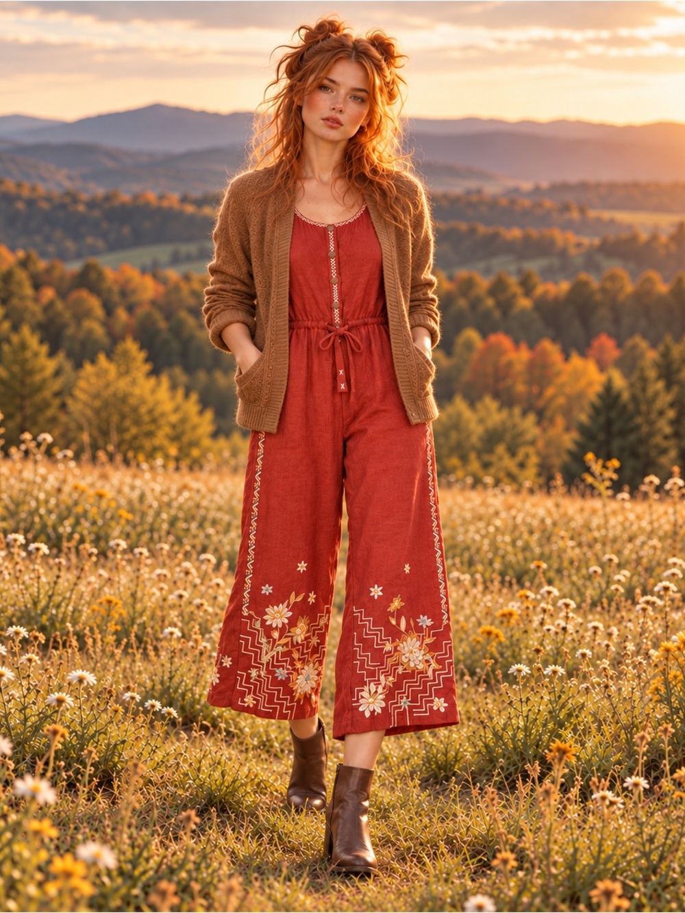 Johnny Was Elia Linen Tie Jumpsuit Rust Red Floral Embroidery Size M